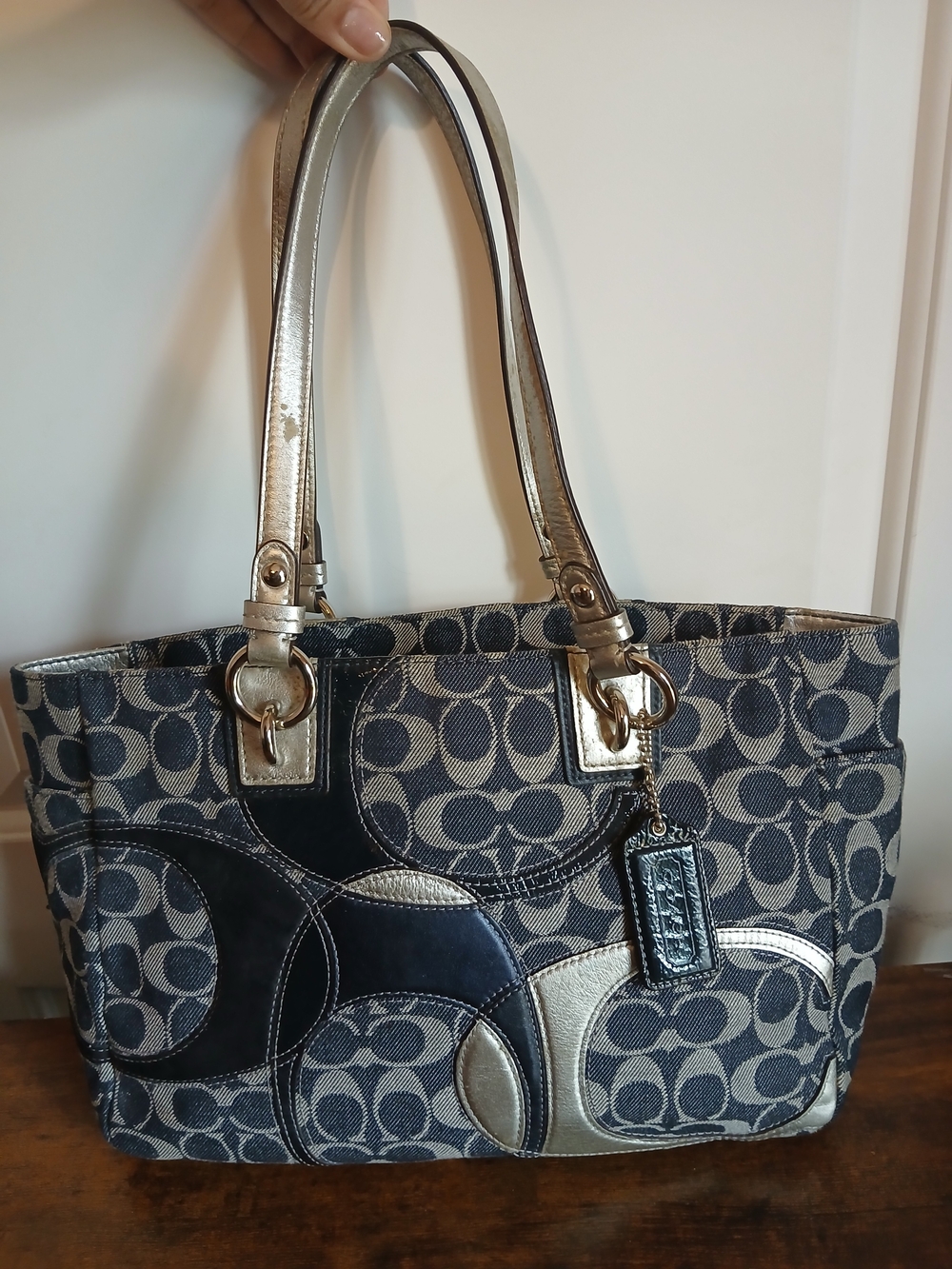 Coach Navy Signature Canvas Tote with Metallic Gold Accents